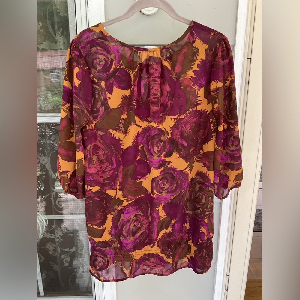 JMS Just My Size Women's Plus Burgundy Brown Green Pleated 3/4" Sleeve Top 1X
